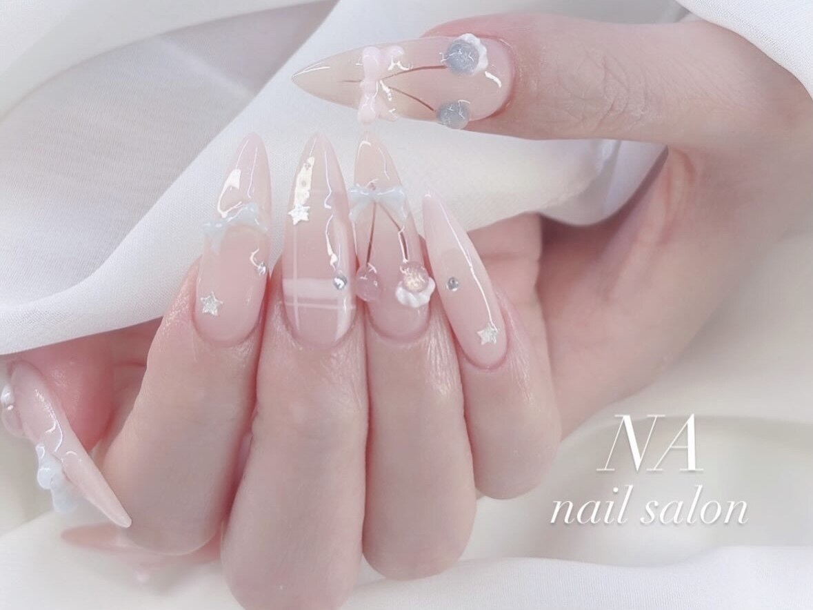心斎橋ネイルサロン NA nail salon｜ちゅるんネイル 3Dお花パール スターアート ヌードピンク