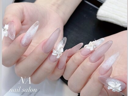 心斎橋ネイルサロン NA nail salon｜ちゅるんネイル 3Dフラワー シルバーグリッター 長さ出し