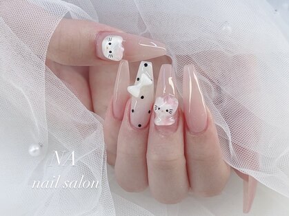 心斎橋ネイルサロン NA nail salon｜アートネイル 3Dキャットアート ドット柄 リボンパーツ ピンクグラデ