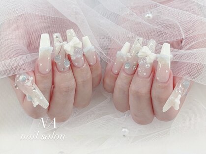 心斎橋ネイルサロン NA nail salon｜フレンチネイル 3Dリボン パール 白フレンチ 長さ出し